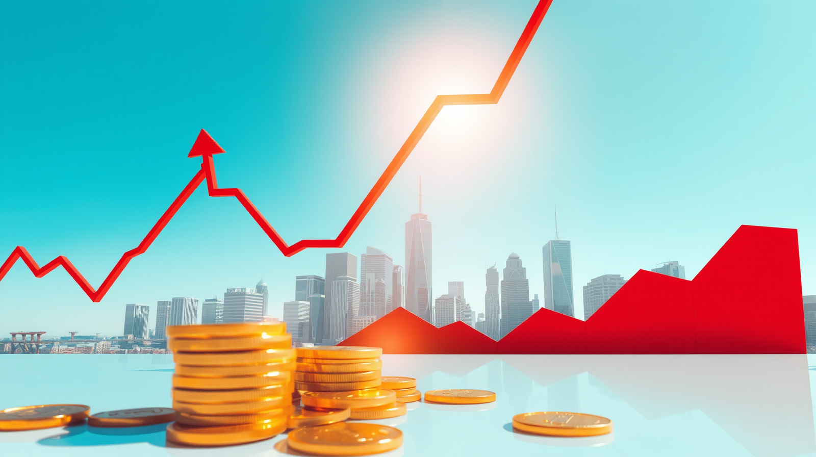 Linee di trend in aumento su skyline finanziario con monete d'oro, simbolo della stretta sui tassi e dello spazio fiscale nella manovra